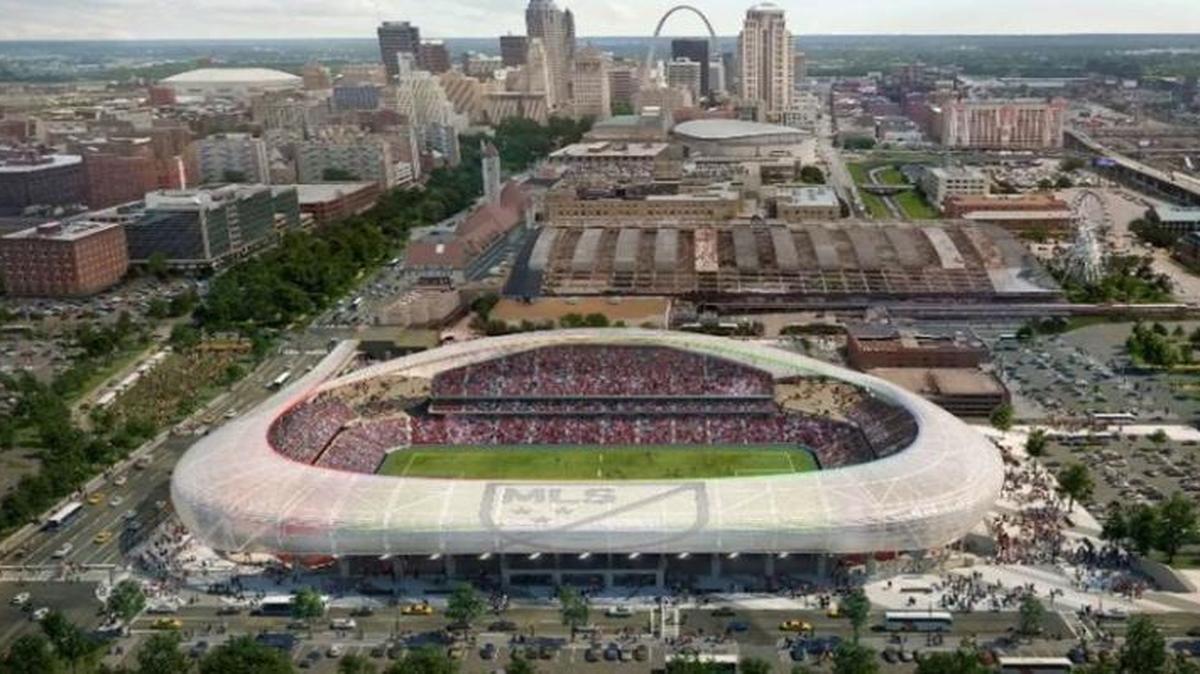 A conceptual view of a proposed new soccer stadium in St. Louis looking east toward downtown. The stadium would be situated between Market Street and I-64/40, directly west of Union Station.