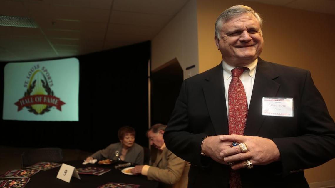 Former St. Louis football Cardinal and Washington Redskin star David Butz talks with a reporter before the St. Louis Sports Hall Fame Induction ceremony at Gateway Classic Cars in O’Fallon in 2018.
