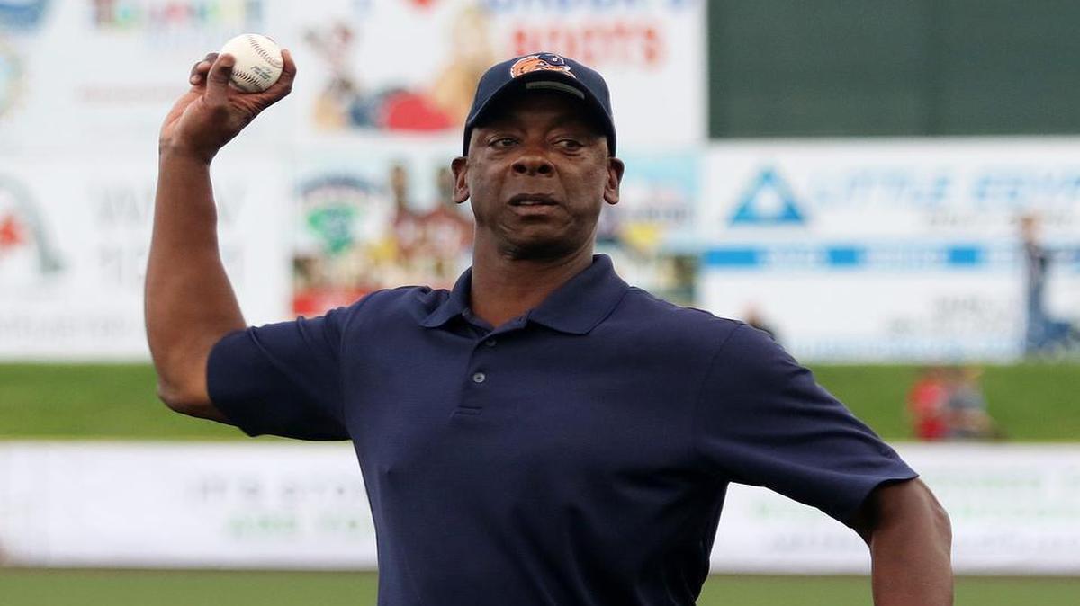 Willie McGee formerly of the St.Louis Cardinals throws out a first pitch at the Gateway Grizzlies home opener at GCS Ballpark against the Washington Wildthings. See a gallery of photographs from the game at bnd.com.