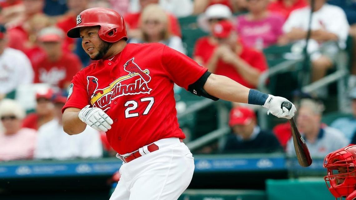 St. Louis Cardinals third baseman Jhonny Peralta (27) drives in a run with a ground ball in the first inning of a spring training baseball game Wednesday, March 8, 2017, in Jupiter, Fla.