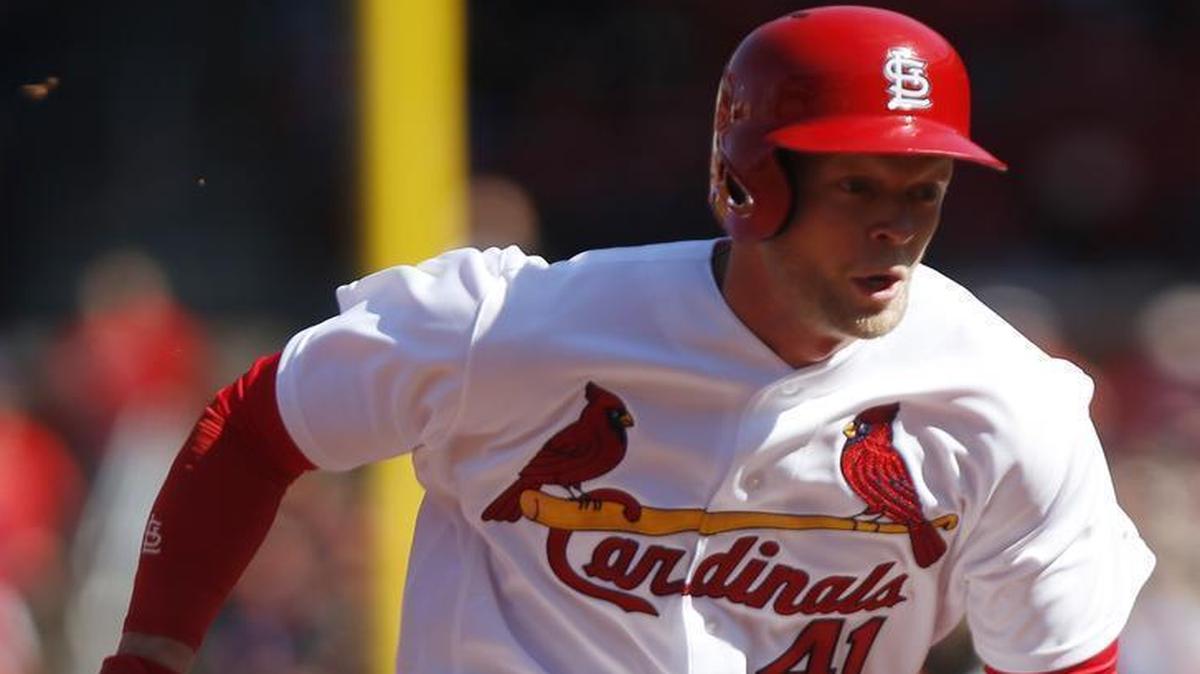 St. Louis Cardinals' Jeremy Hazelbaker gets on third base during a game against the Milwaukee Brewers on Monday.