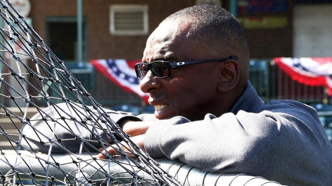 Former St.Louis Cardinal Willie McGee was the special gues of the Gateway Grizzlies at GCS Ballpark on opening nite . McGee watches batting practice before he addressed the media and then a meet and greet with fans .