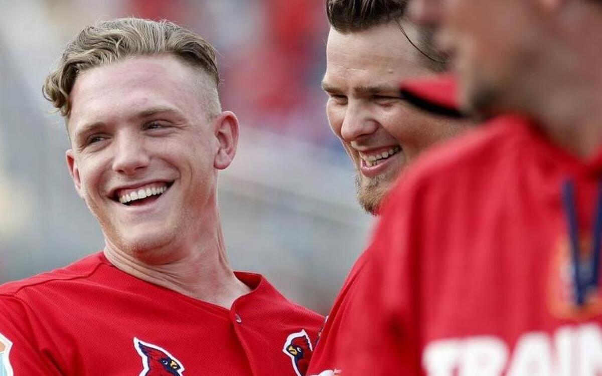 Harrison Bader celebrates a run scored.