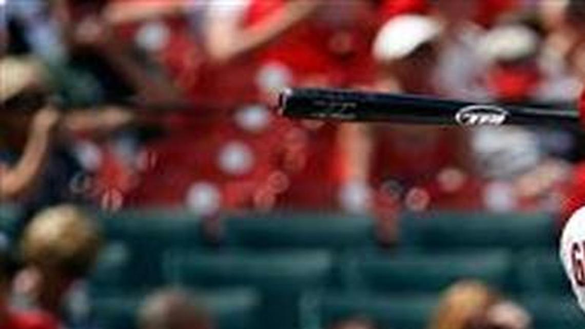 St. Louis Cardinals outfielder Randal Grichuk follows through after hitting a two-run home run.
