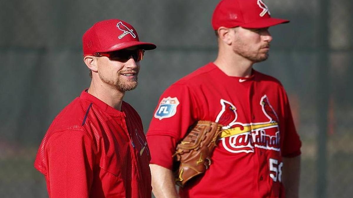 Cardinals newcomer Mike Leake, left, during a workout Sunday at Jupiter, Fl.