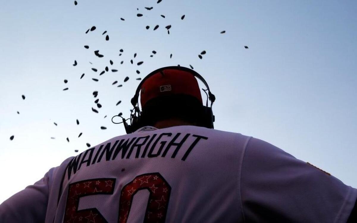 Sunflower seeds tossed by teammates flutter near St. Louis Cardinals pitcher Adam Wainwright, the Cardinals nominee for the Roberto Clemente Award.