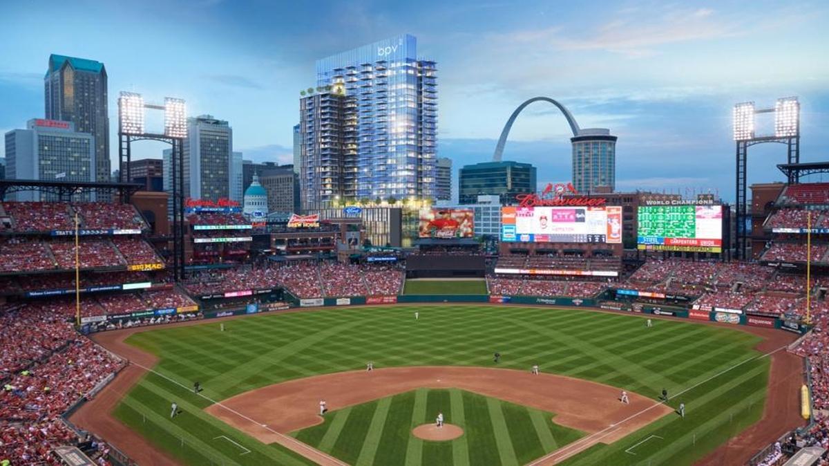 An artist’s rendering shows the high-rise apartment complex beyond the Busch Stadium outfield.