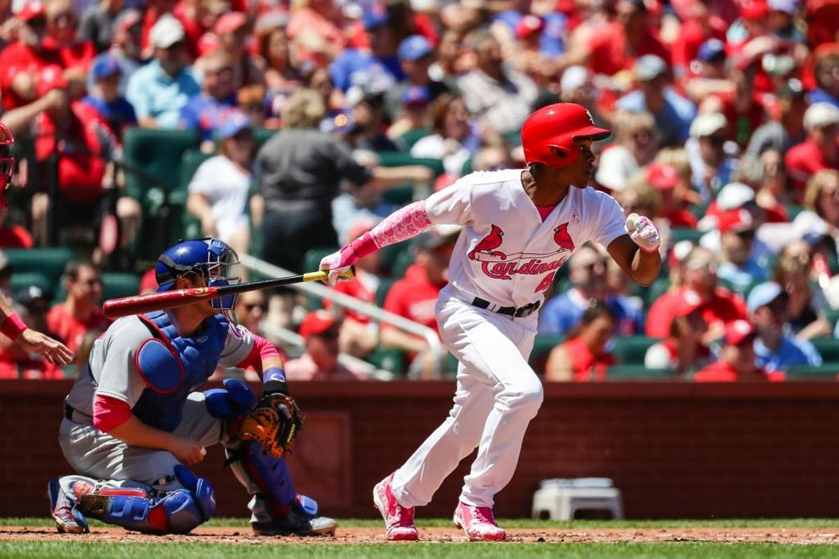 St. Louis Cardinals' Magneuris Sierra at bat during the second inning of a baseball game against the Chicago Cubs, Sunday, May 14, 2017, in St. Louis.