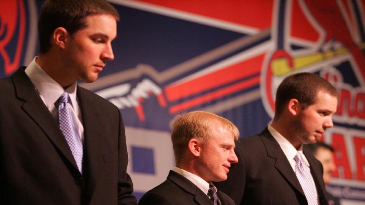 Adam Wainwright, David Eckstein, and Chris Carpenter in an appearance at the St. Louis Baseball Writers Dinner in January 2007, following the Cardinals’ World Series triumph the previous October. That 2006 World Series team will be honored at the 58th Annual St. Louis Baseball Writers Dinner Jan. 17.
