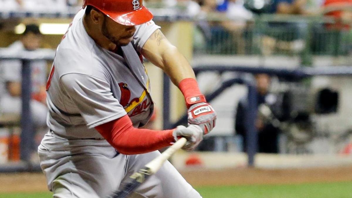 
The Cardinals’ Tommy Pham connects for a triple in the sixth inning Wednesday against the Brewers in Milwaukee. Pham hit two-run home runs in both the second and fourth innings, helping the Cardinals to a 5-4 victory.
