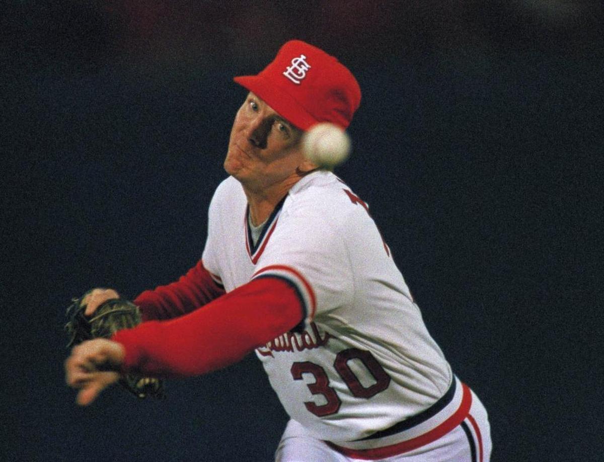 John Tudor hurls a pitch during first inning action in the sixth game of the National League Championship series against the San Francisco Giants at St. Louis Busch Stadium, Tuesday, Oct. 13, 1987.