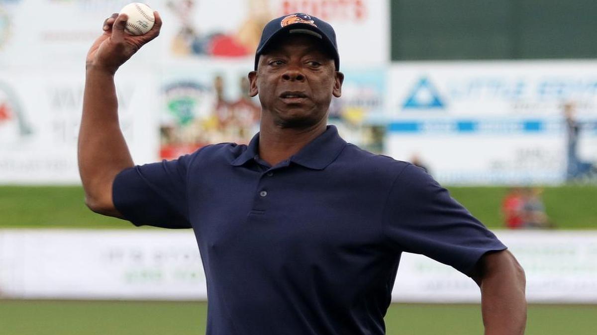 Willie McGee formerly of the St.Louis Cardinals throws out a first pitch at the Gateway Grizzlies home opener at GCS Ballpark against the Washington Wildthings Friday.