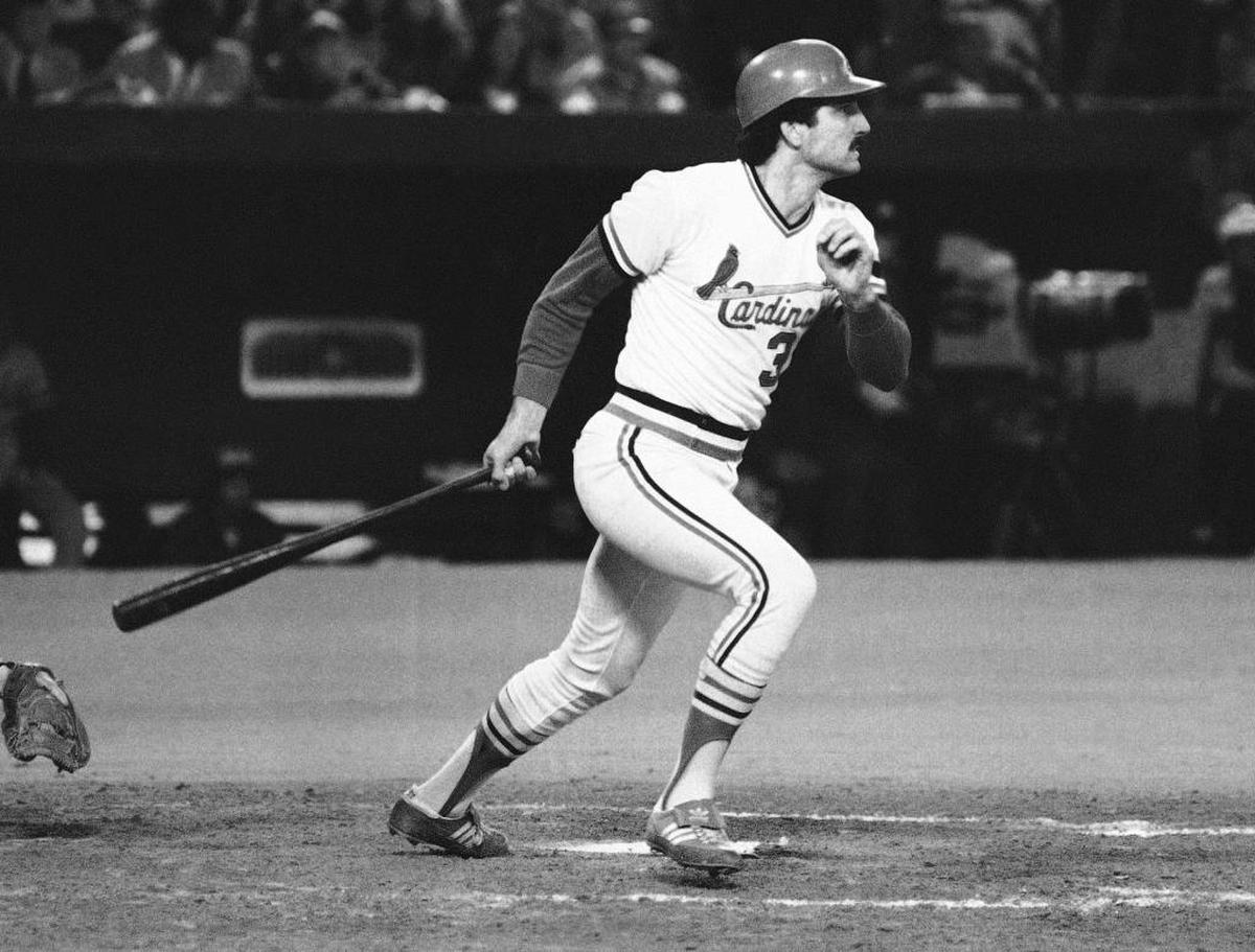 Keith Hernandez watches his single drop in, driving in two runs in the sixth inning of World Series game 7, Wednesday, Oct. 30, 1982 in St. Louis. The RBI tied the game for the Cards and set up the tie-breaking score.