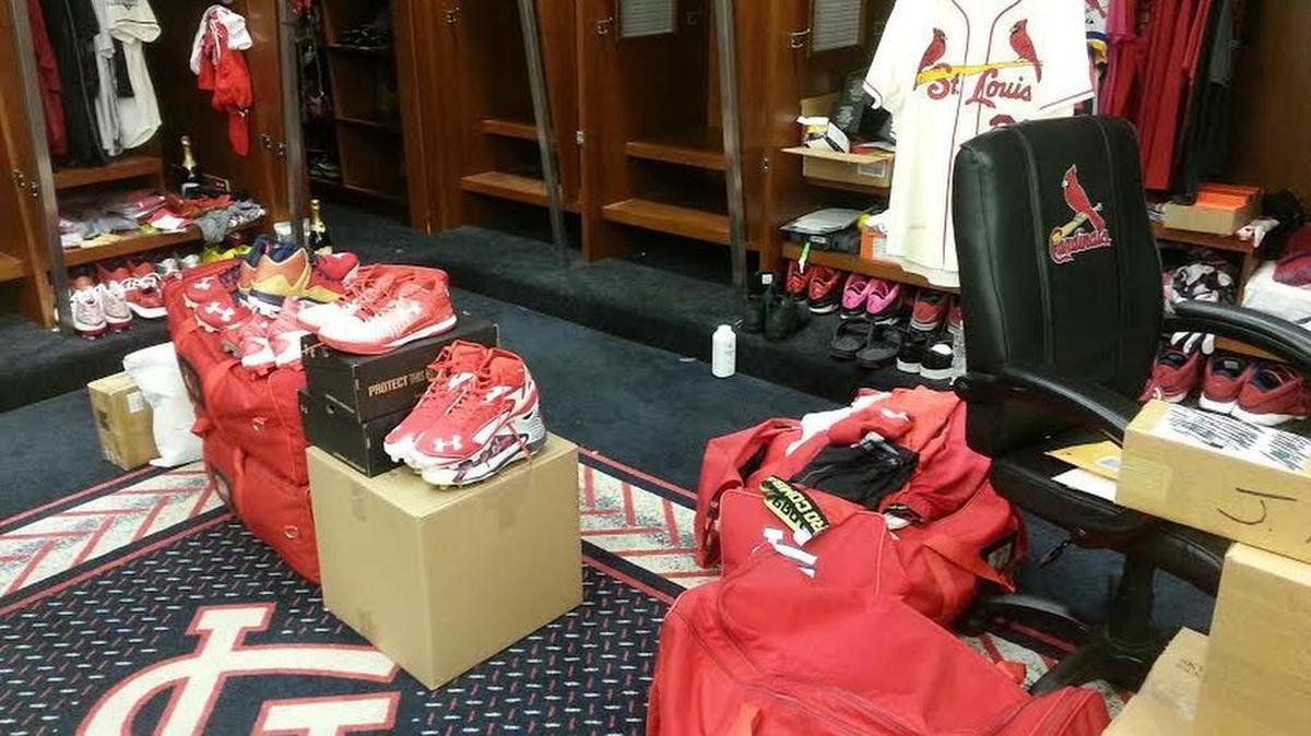 
Personal belongings and other equipment is stacked in front of Jason Heyward’s clubhouse cubicle Thursday.
