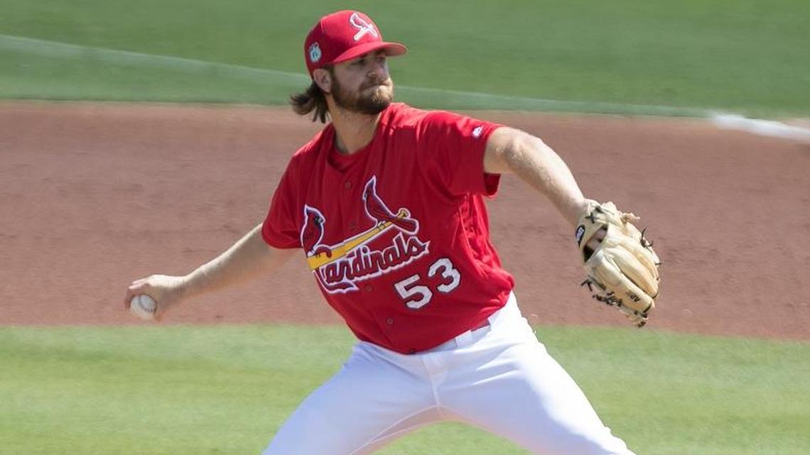 St. Louis Cardinals starting pitcher John Gant throws against Atlanta during Spring Training.