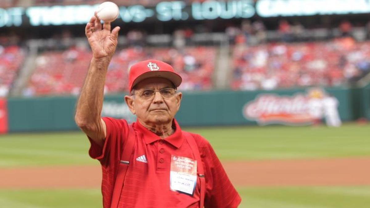 
Vern Moehrs, of Waterloo, throws out the ceremonial first pitch before Friday night’s St. Louis Cardinals-Detroit Tigers game at Busch Stadium in St. Louis.
