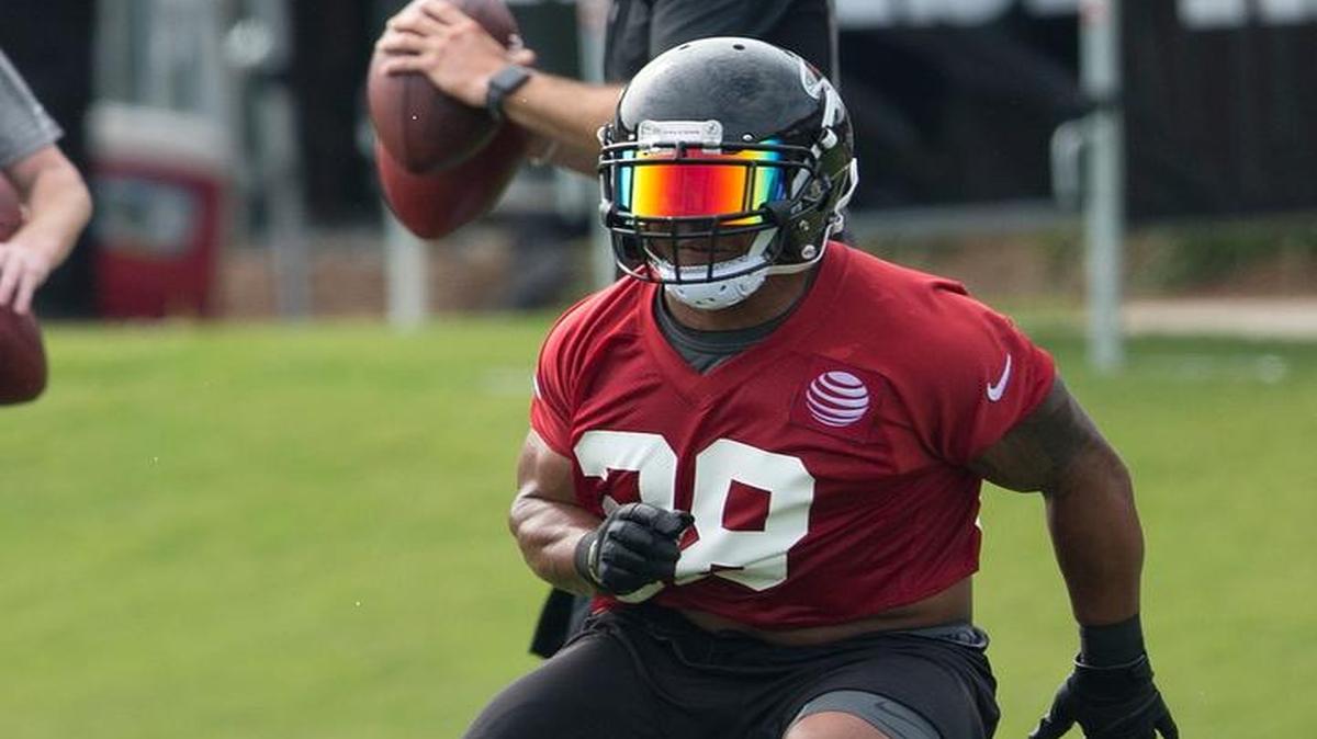 Atlanta Falcons running back Brian Hill, a Belleville West graduate, runs a pass route during a training camp practice July 28 in Flowery Branch, Ga.