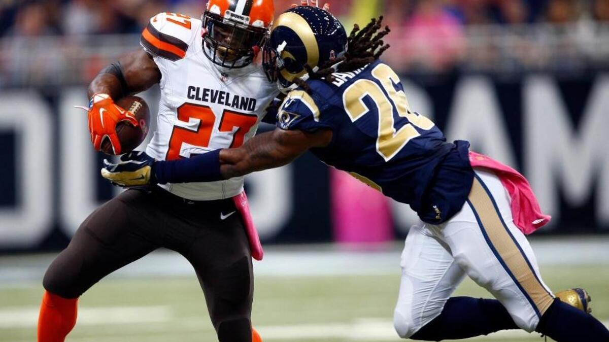 St. Louis Rams linebacker Mark Barron making one of his career-high 19 tackles Sunday against Cleveland Browns running back Robert Turbin.