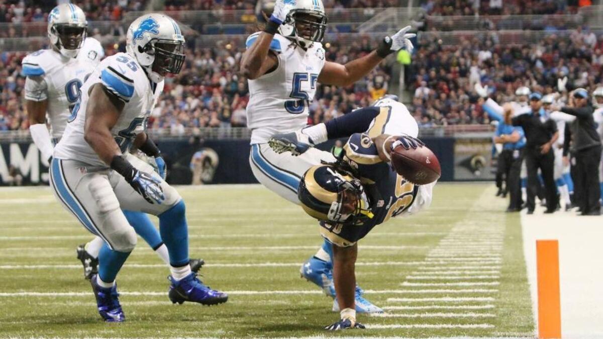 St. Louis Rams running back Todd Gurley scores on a five-yard touchdown run during the third quarter against the Detroit Lions.