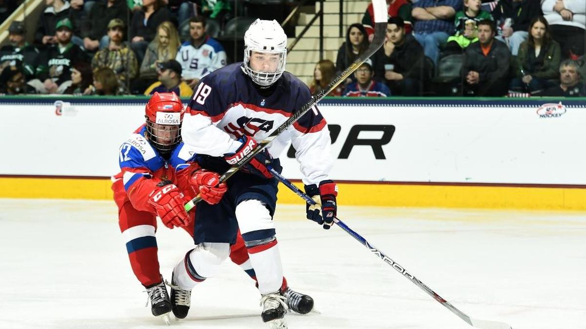 Swansea’s Clayton Keller, shown here playing for Team USA,s is expected to be a first-round pick Friday at the NHL Draft.