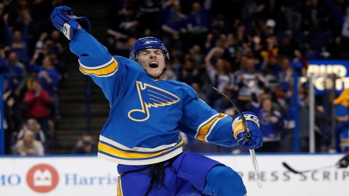 St. Louis Blues forward Ivan Barbashev celebrates after scoring against the Calgary Flames on March 25.