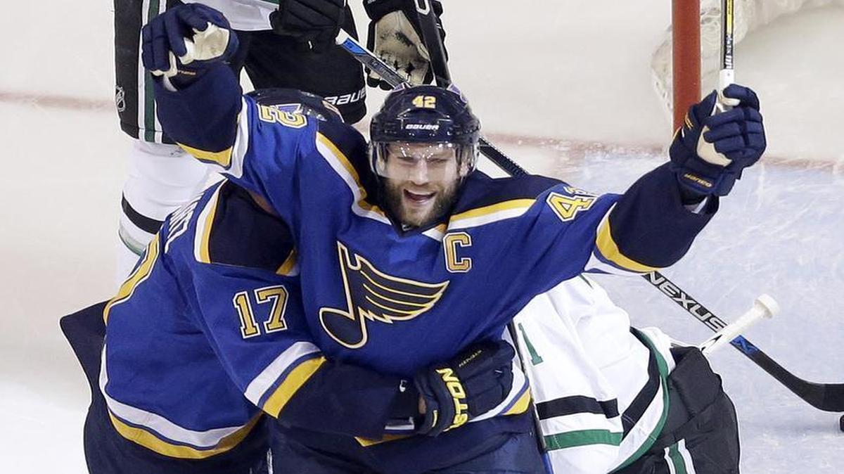 David Backes, shown here celebrating a playoff goal, will help lead the St. Louis Blues into the Western Conference Finals.