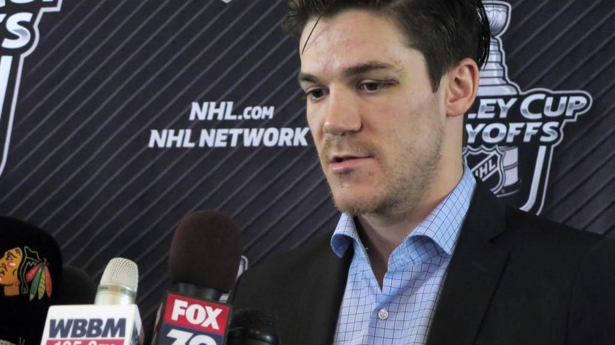 Chicago Blackhawks forward Andrew Shaw apologized Wednesday for yelling an anti-gay slur at someone on the ice after he was sent to the penalty box late in Chicago's Game 4 loss at home to the St. Louis Blues. (AP Photo/Carrie Antlfinger)