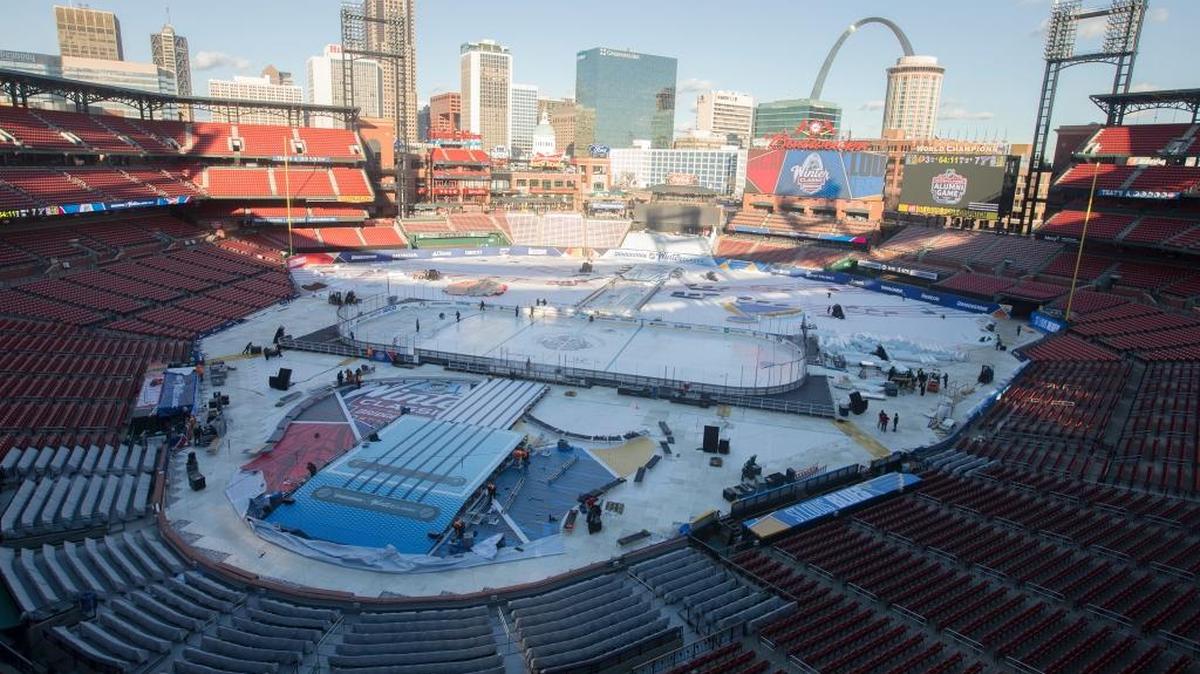 An overall photograph of Busch Stadium—the site for the Winter Classic game featuring the St. Louis Blues vs. the Chicago Blackhawks on Monday and the Blues-Blackhawks ALumni Classic Game on Saturday.