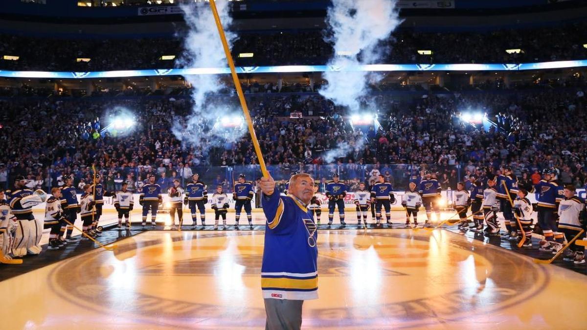 Original St. Louis Blues player Bob Plager (5) shared center stage with his 1967-68 teamates last October duringthe club’s 50th anniversary season celebration before the home opener against Minnesota. Plager will have his No. 5 jersey retired by the Blues on Thursday.
