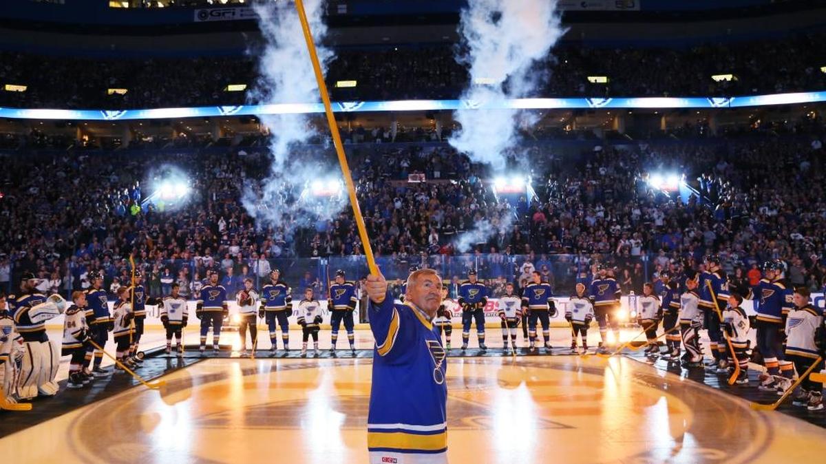 Original St. Louis Blues player Bob Plager (5) attends player introductions before the home-opener NHL hockey game between Blues and the Minnesota Wild on at the Blues home opener on Oct. 13. He was joined by teammates as the original team was honored on the 50th anniversary of the start of the organization.