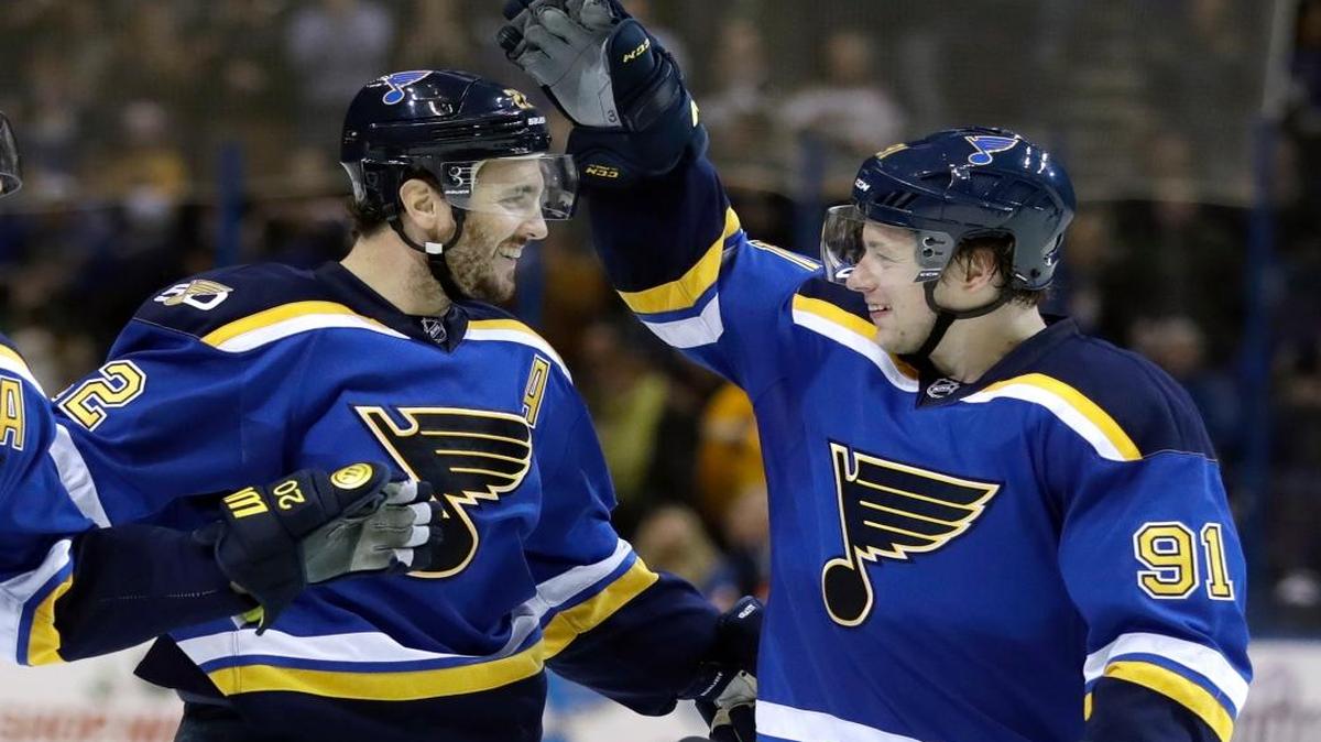 St. Louis Blues' Kevin Shattenkirk, left, is congratulated by Vladimir Tarasenko, of Russia, after scoring during the second period of an NHL hockey game against the Tampa Bay Lightning last Thursday. (AP Photo/Jeff Roberson)