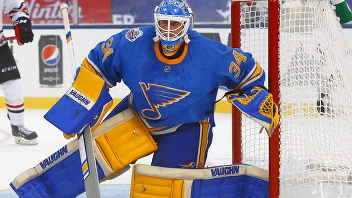 FILE - In this Jan. 2, 2017, file photo, St. Louis Blues goalie Jake Allen guards the net during the third period of the NHL Winter Classic hockey game against the Chicago Blackhawks at Busch Stadium in St. Louis. No goaltender has played better this postseason than Pekka Rinne for the Nashville Predators, though Jake Allen of the St. Louis Blues came closest.