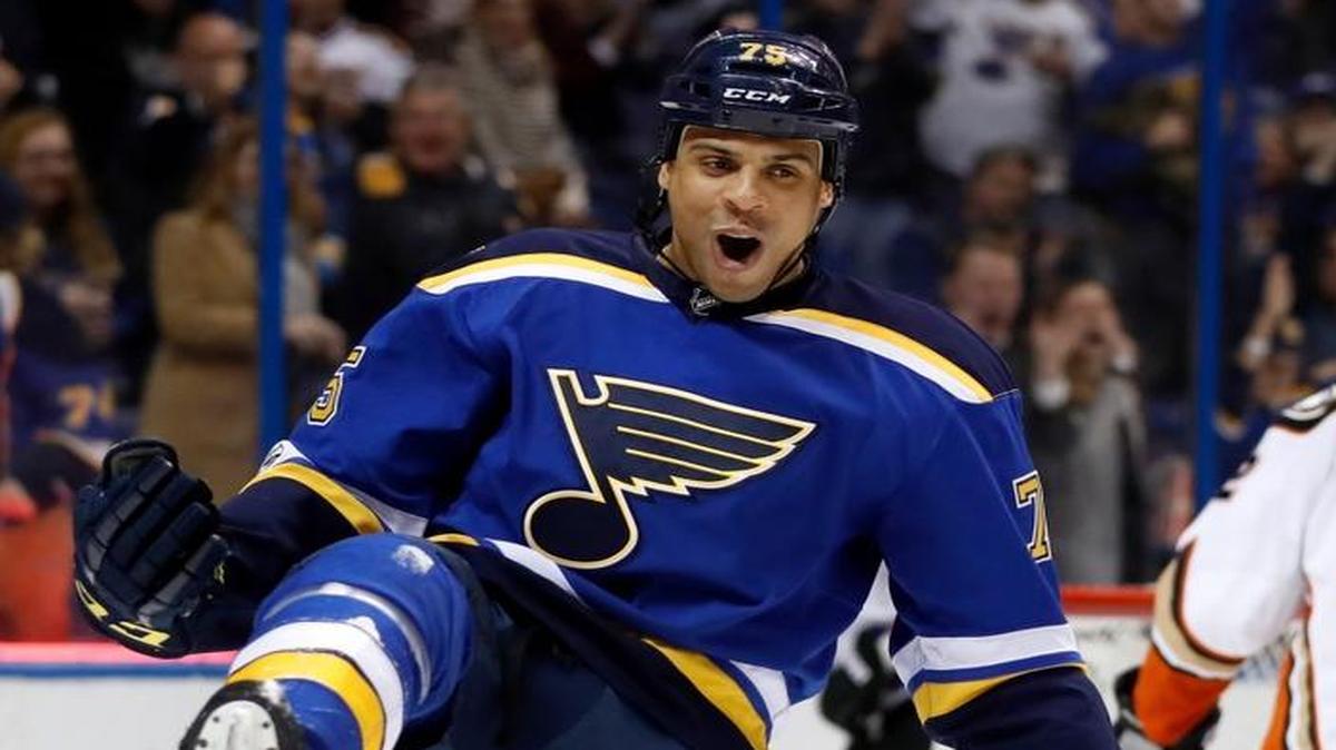 St. Louis Blues forward Ryan Reaves, shown here celebratina goal against Anaheim, is the local Bill Masterton Memorial Trophy nominee by the St. Louis Pro Hockey Writers Association chapter.