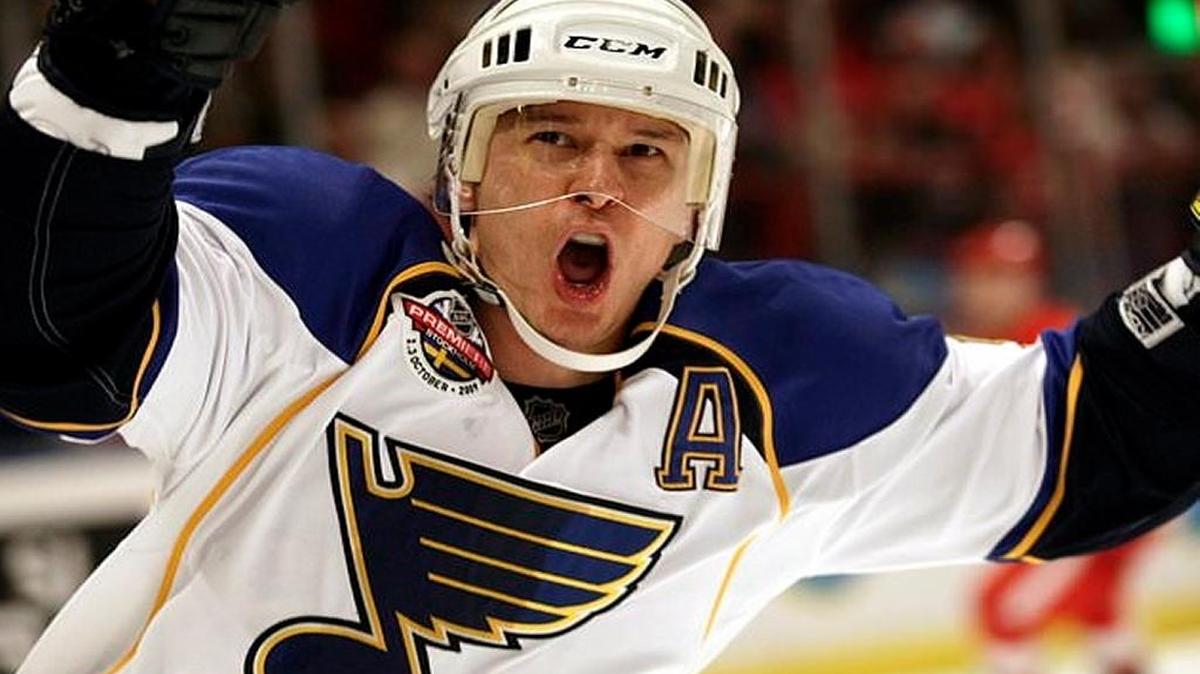 In this Oct. 2, 2009, file photo, St. Louis Blues Paul Kariya reacts after scoring his second goal during their NHL hockey match against Detroit Red Wings, in Stockholm. Kariya was selected to the Hockey Hall of Fame, Monday, June 26, 2017.