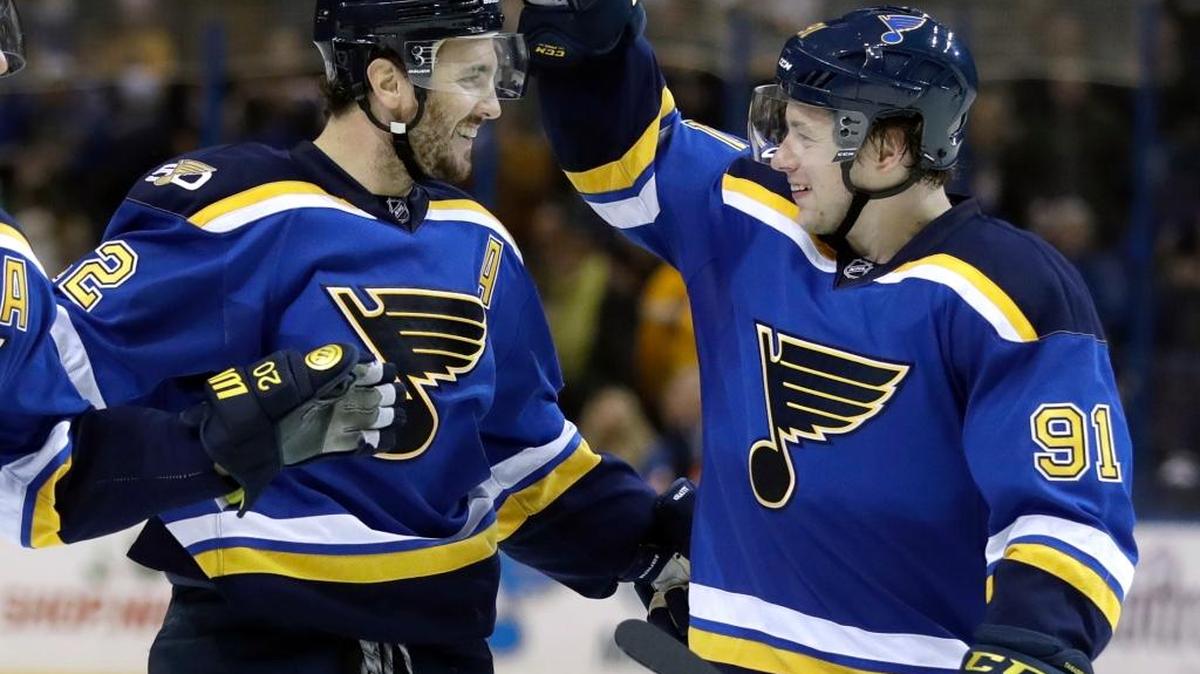 St. Louis Blues defenseman Kevin Shattenkirk, left, and forward Vladimir Tarasenko have been the team’s top two scorers this season. (AP Photo/Jeff Roberson)