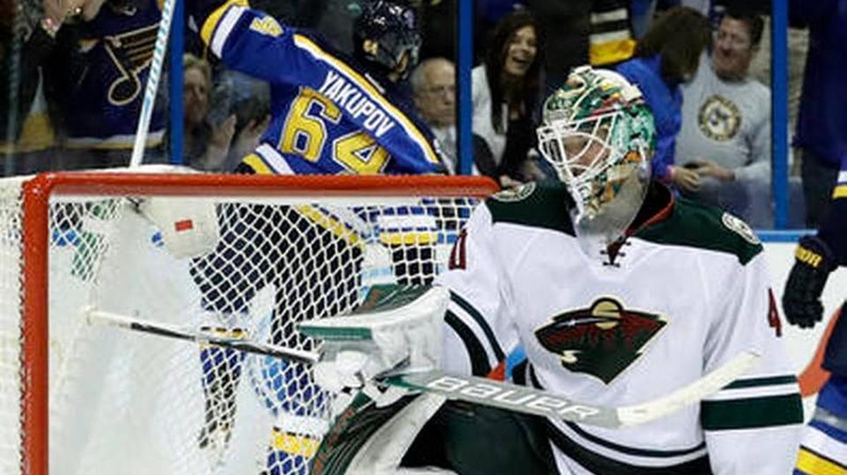 St. Louis Blues' Nail Yakupov (64), of Russia, celebrates after scoring past Minnesota Wild goalie Devan Dubnyk during the second period of an NHL hockey game Thursday, Oct. 13, 2016, in St. Louis.