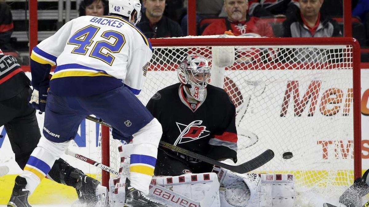 The St. Louis Blues’ David Backes (42) shoots and scores against Carolina Hurricanes goalie Cam Ward during an NHL game Sunday in Raleigh, N.C.