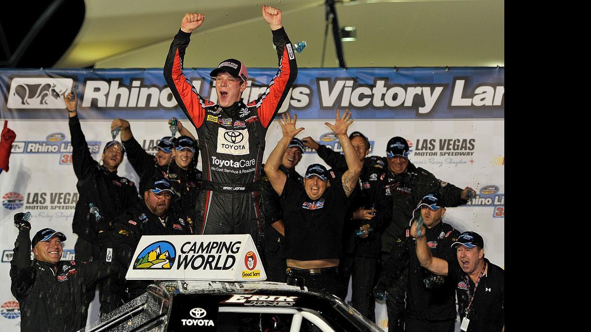 
NASCAR Camping World Truck Series driver Erik Jones celebrates in victory lane last September in Las Vegas.
