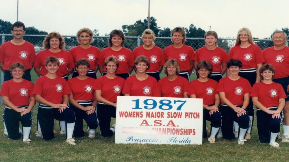 The Belleville Whiz Kids women’s slow pitch softball team won 10 ASA state championships with Dawn Elser (bottom row far left) at second base and Nancy Kassebaum Metcalf (to the right of Elser) at short stop. The team advanced to the ASA National Tournament in 1987 and placed second in 1989. Elser and Kassebaum Metcalf will be inducted into the ASA Hall of Fame in Decatur Saturday.