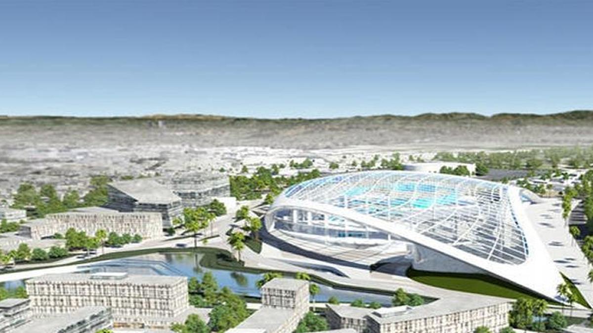 A conceptual image shows a new stadium complex in Inglewood, California proposed by Rams’ owner Stan Kroenke.