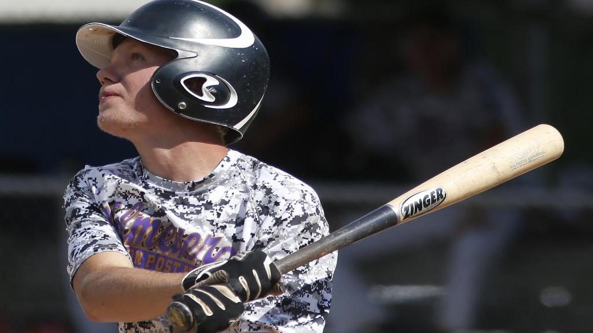 Valmeyer American Legion Post #901's Juelfs Cole takes a swing Monday at Whitey Herzog Field in Belleville.