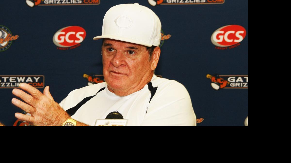 
Major League Baseball’s all-time hits leader Pete Rose speaks with media and fans before appearing at the Gateway Grizzlies’ season opener Friday at GCS Ballpark in Sauget.
